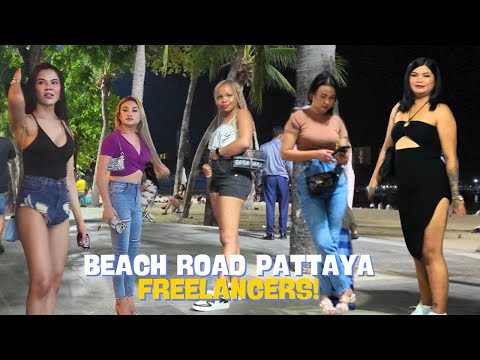 [4K] Pattaya Beach Road Midnight Scene: Pretty Freelancers Waiting for Customers!