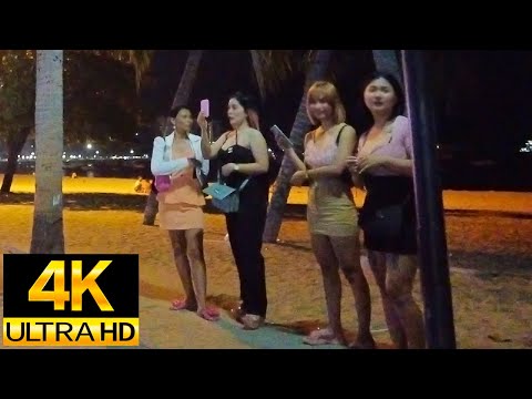 Pattaya 4K Nightlife Walk Lots of Freelancers on Pattaya Beach Road Apr 2023.